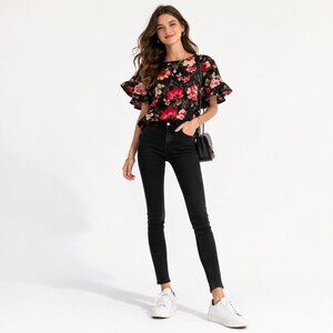 ETA Women Black Floral Ruffle Double Layer Short Sleeve Blouse Top